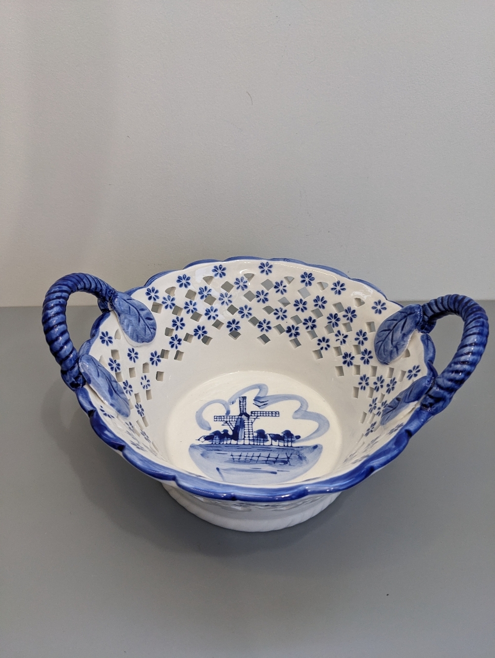 Vintage Japan Bowl Delft Style Reticulated Windmill Blue And White Porcelain